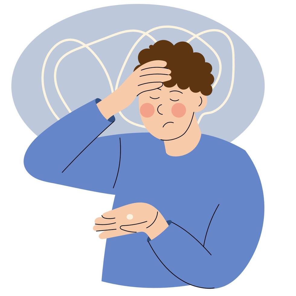 Young man with a headache, holding his head with one hand and a pill in the other. Concept of pain relief, health issues, migraine, or stress. Flat cartoon style medical or health-related image. vector