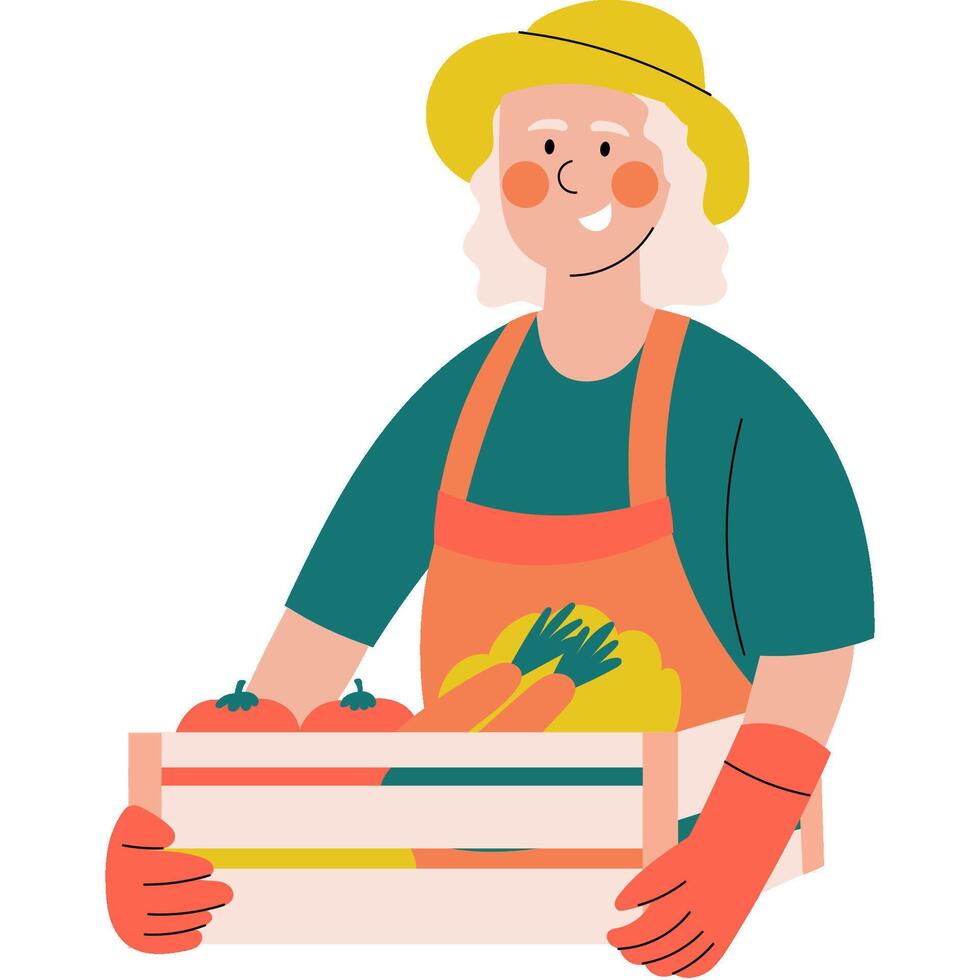 Female farmer holding a wooden crate full of fresh vegetables. Harvest season, organic farming and rural lifestyle concept. vector