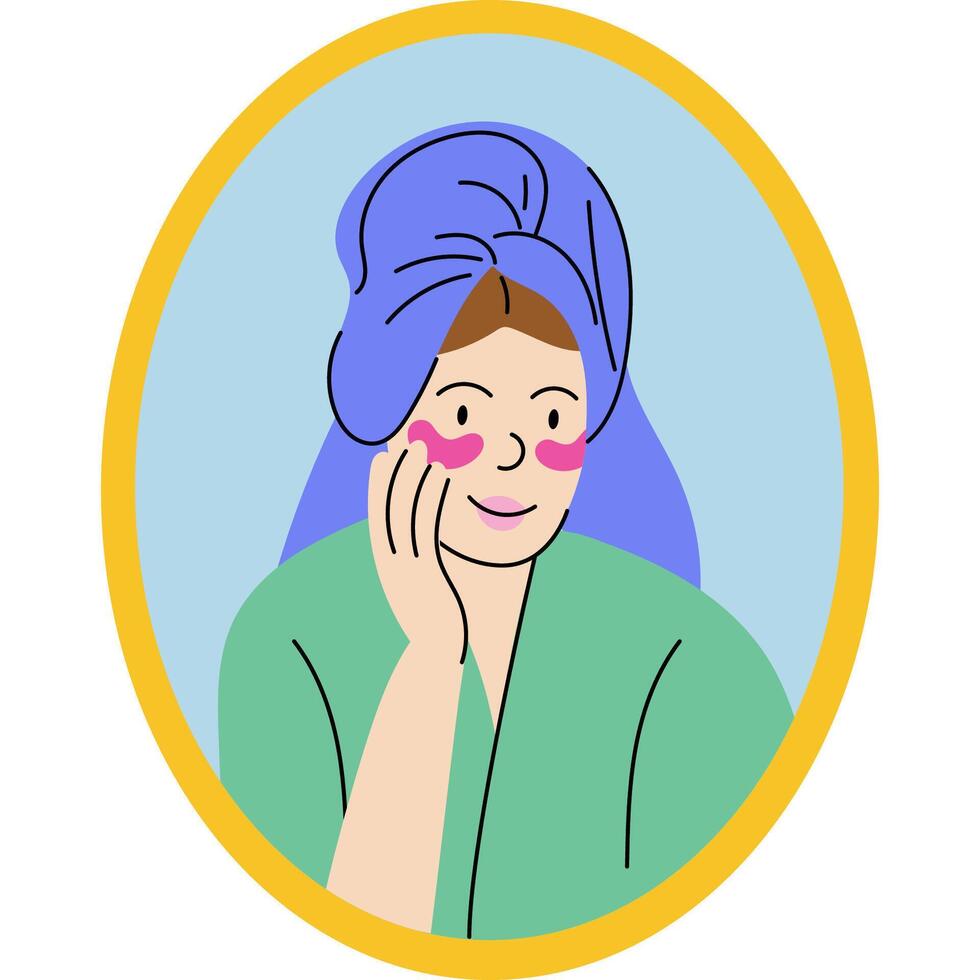 Woman enjoying skincare routine with towel wrap. Relaxed woman wearing a towel wrap and robe, applying under-eye patches as part of her skincare routine. vector