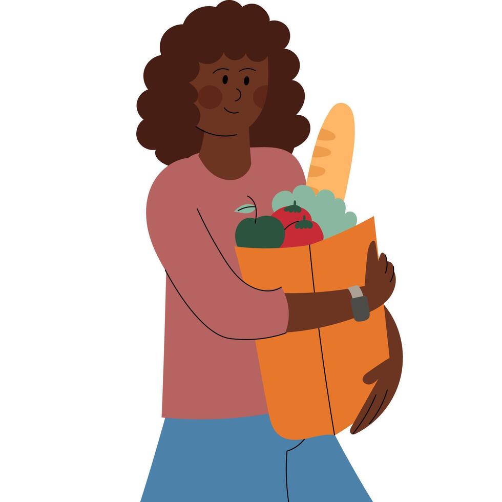 Dark-skinned woman holding a grocery bag. Illustration representing healthy lifestyle, grocery shopping, eco-conscious habits, and everyday life activities. vector