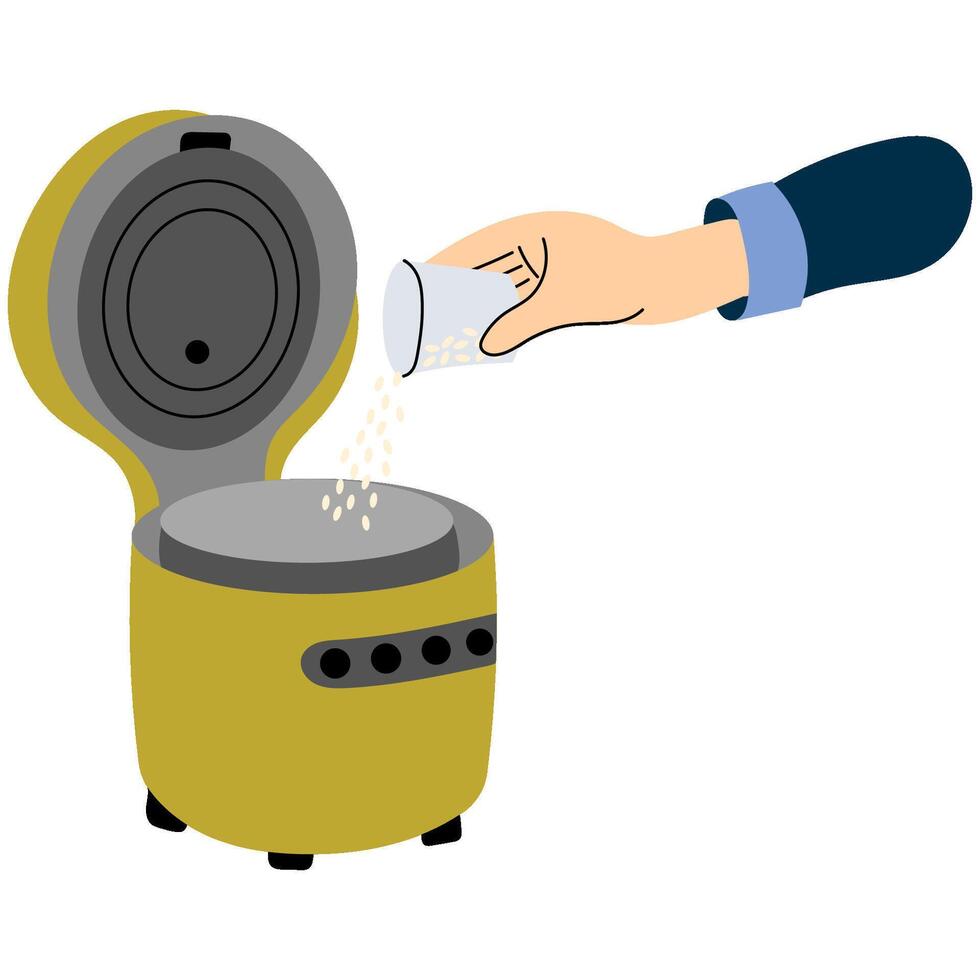 Pouring rice into electric rice cooker. Hand pouring uncooked rice from a cup into an open electric rice cooker, representing meal preparation and cooking. vector