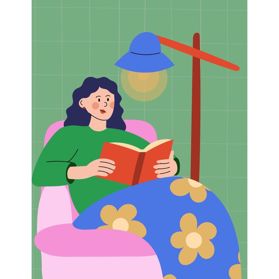 Woman sitting in a chair, wrapped in a blanket and reading a book. Flat illustration representing comfort, leisure and quiet time indoors. vector