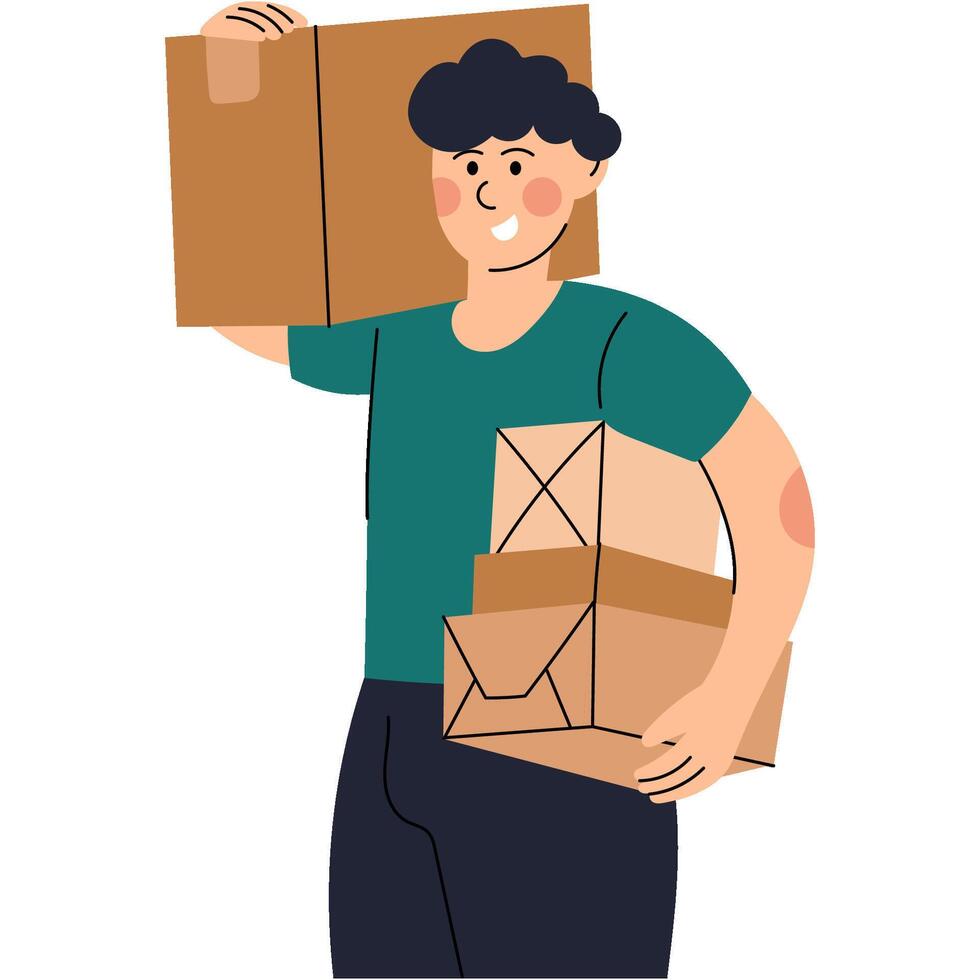 Man holding boxes in hands or delivering packages. Man holding cardboard boxes , representing delivery or moving service. vector