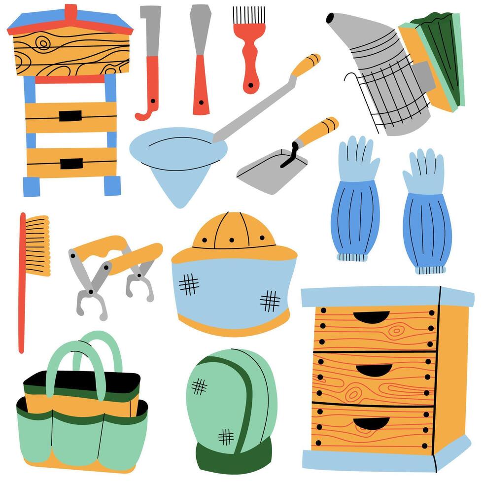 Beekeeping tools and protective equipment. Essential beekeeping supplies including smoker, hives, protective gear, and tools for handling bees and honey production. vector