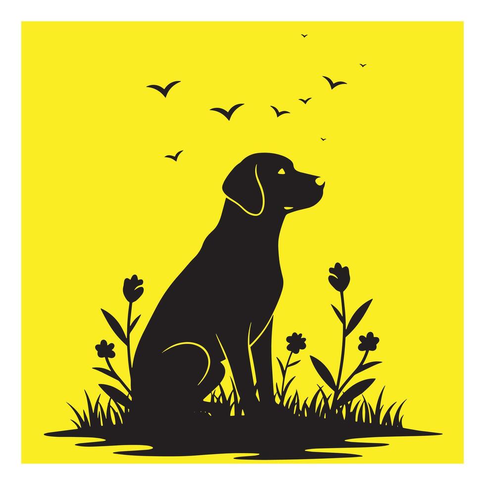 Silhouette of a dog sitting in a field with birds and flowers on yellow background vector