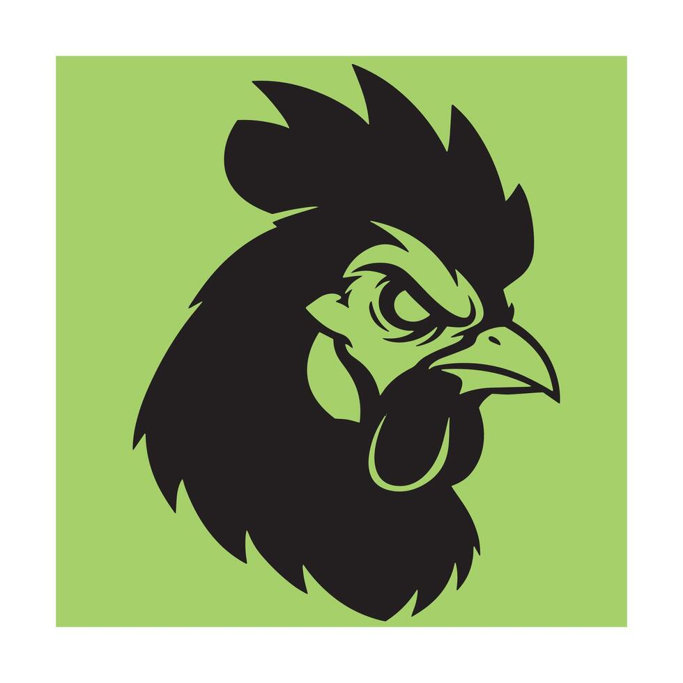 Bold black rooster head silhouette against a green background for poultry and farming designs vector