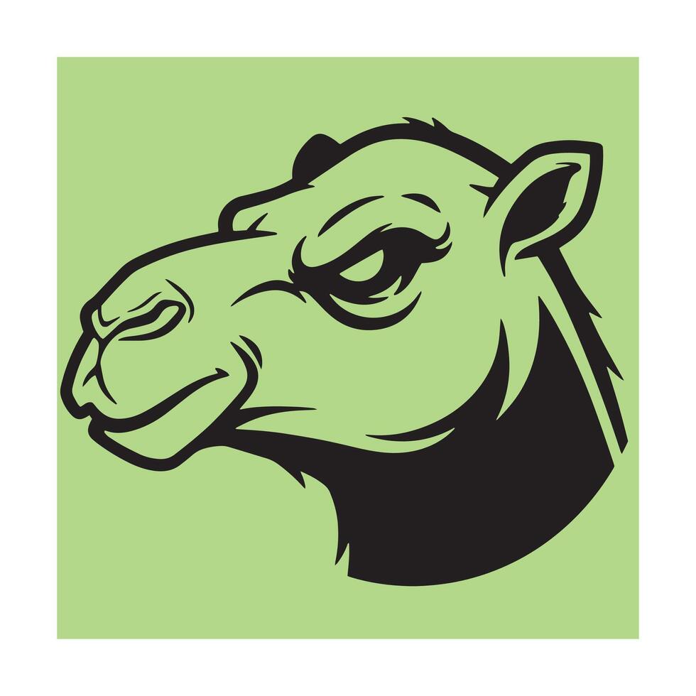 Graphic illustration of a camel head profile with black lines on a green background vector