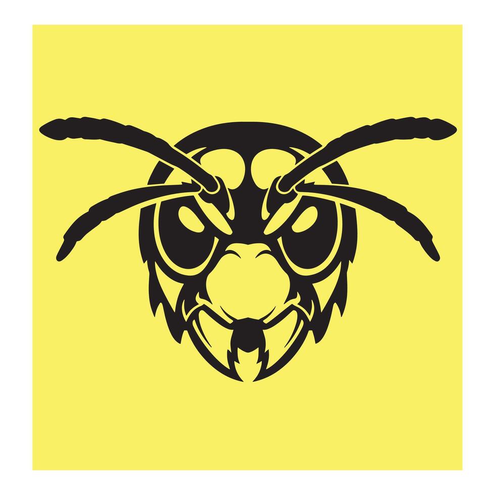 A bold graphic illustration of a stylized angry wasp head on a bright yellow background vector