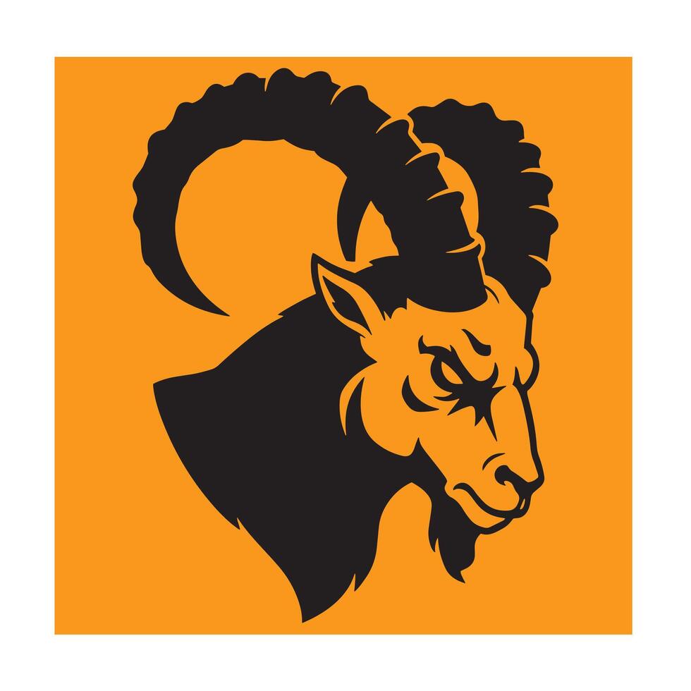 Strong and powerful silhouette of a ram head against an orange background in illustration vector