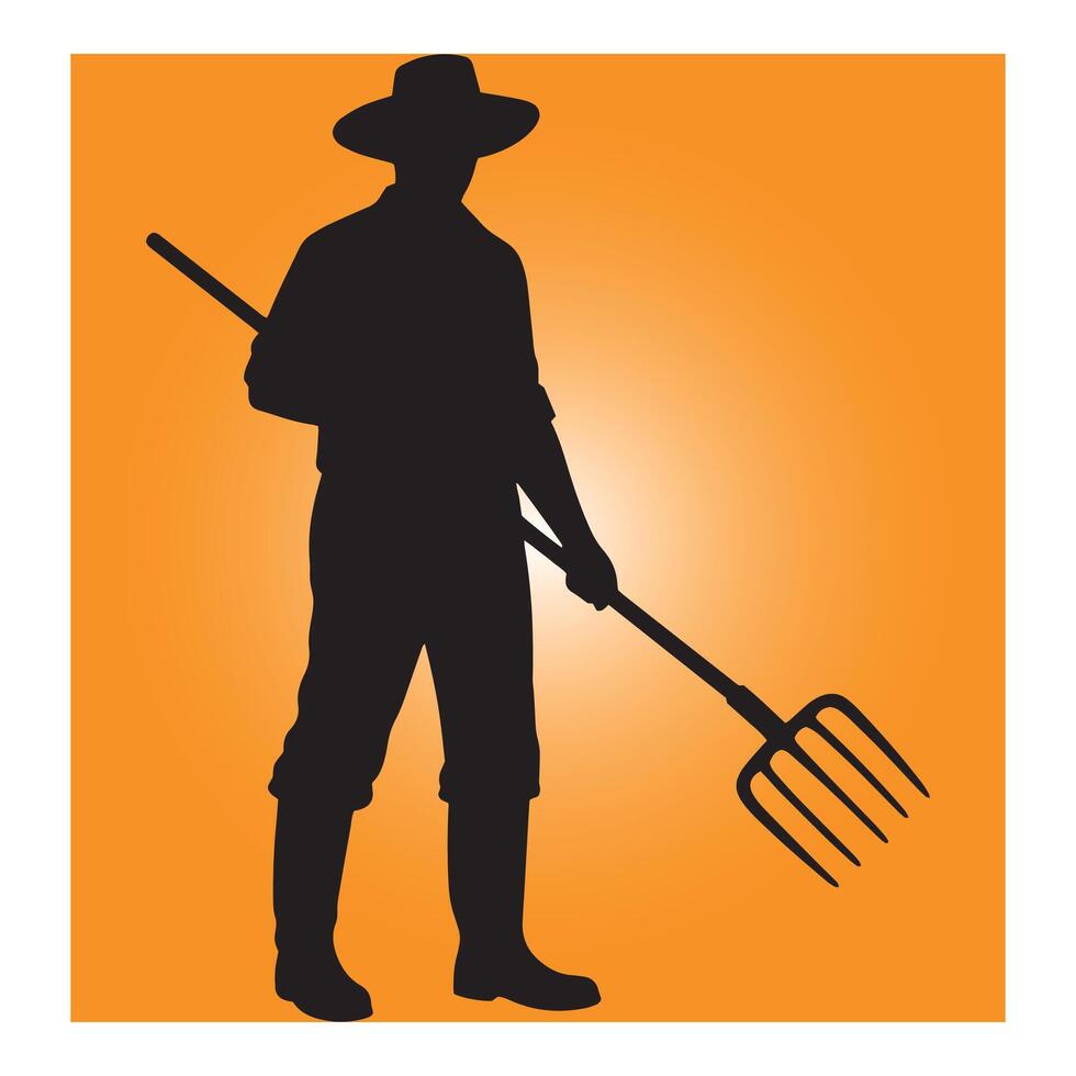 Silhouette of a farmer holding a pitchfork against an orange background for agriculture vector