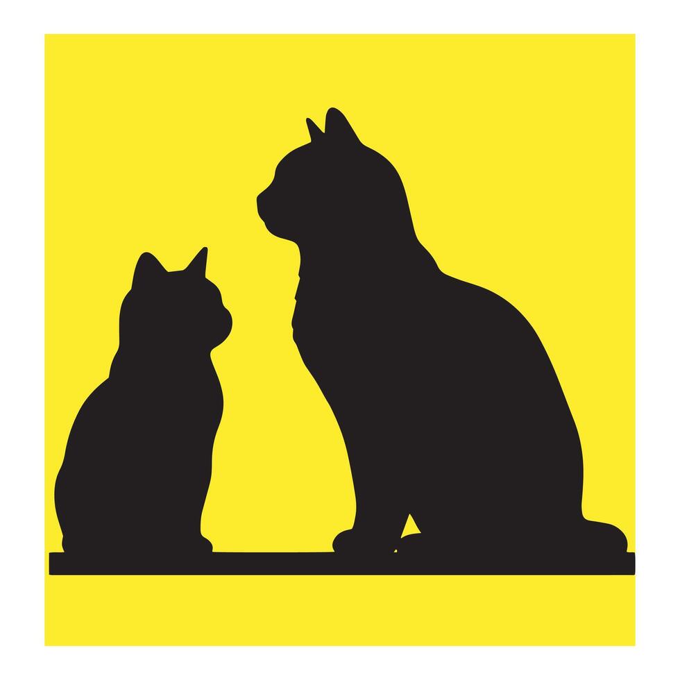 Silhouette of two cats sitting next to each other on a vibrant yellow background vector