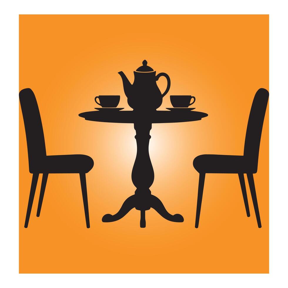 Silhouette illustration of a table with tea set and chairs in a warm orange gradient. vector