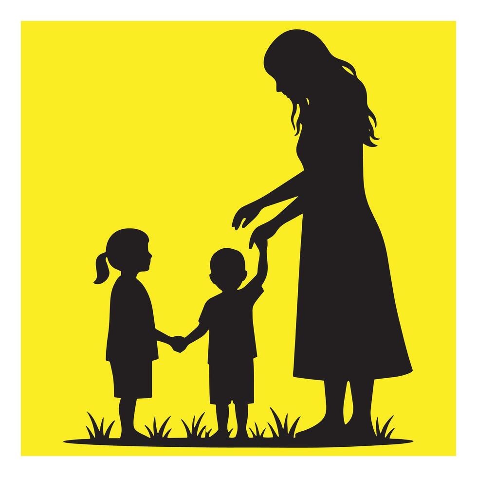 Mother and two children silhouetted walking on a yellow background representing family bonding vector