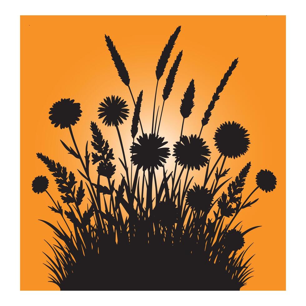 Silhouette of wildflowers and grasses against an orange background in minimalist style vector