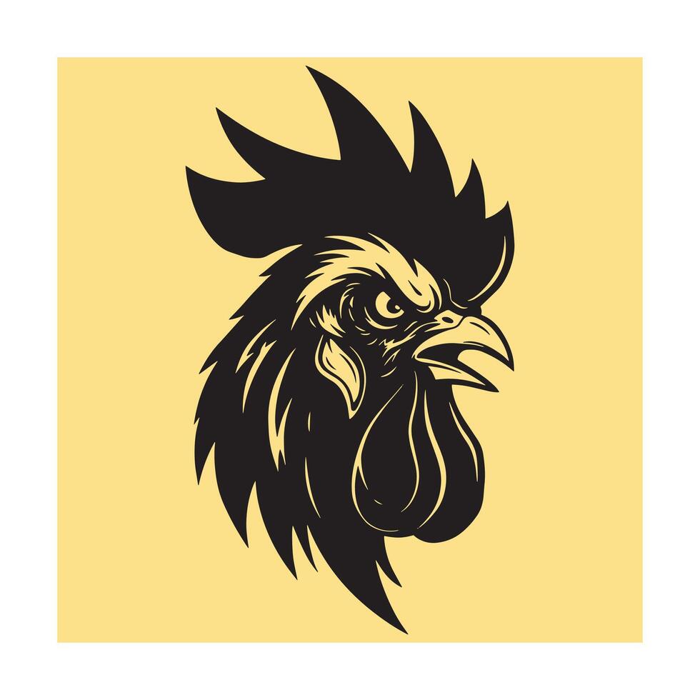 illustration of an imposing black rooster head against a yellow background. vector