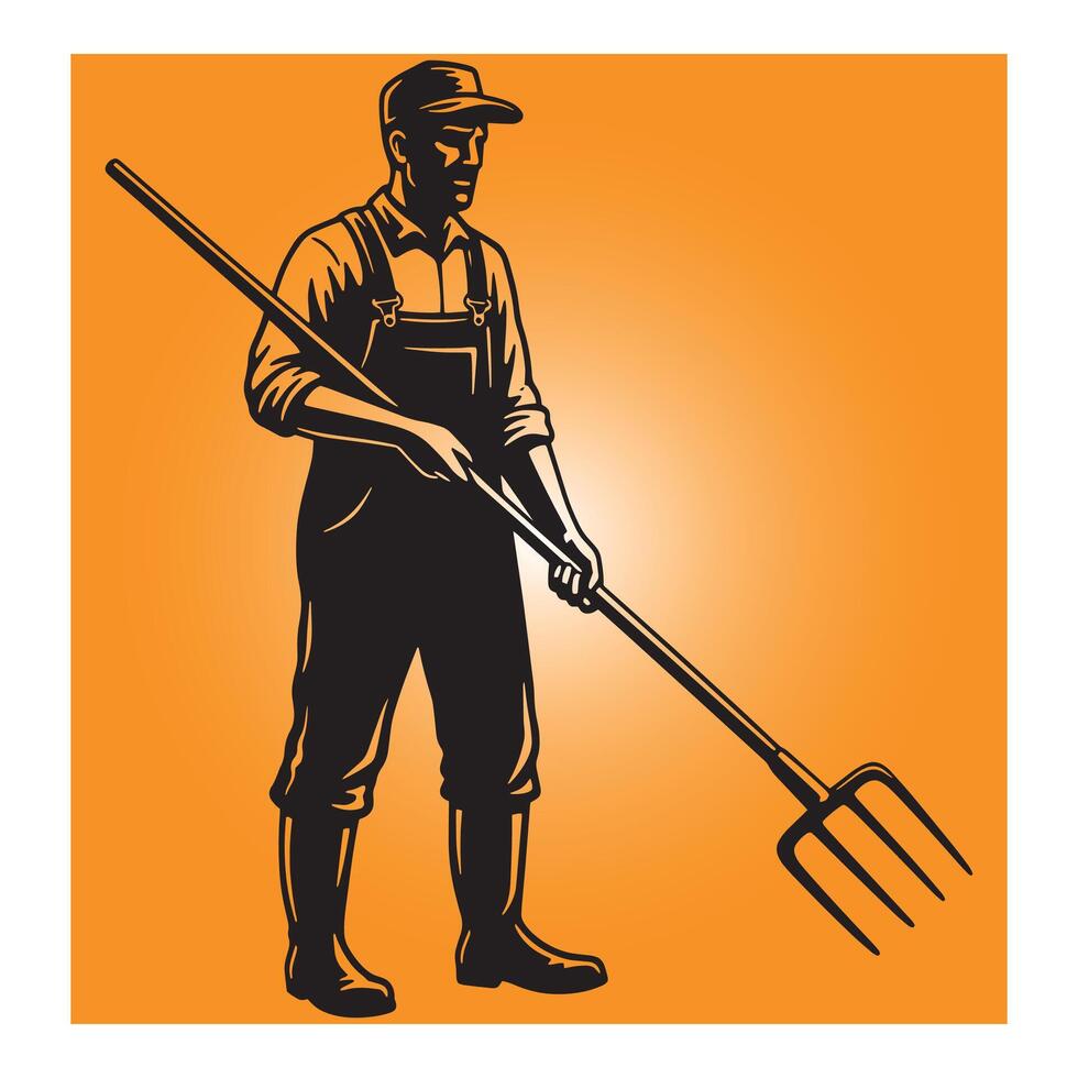 Silhouette illustration of a farmer in overalls holding a pitchfork on orange background vector