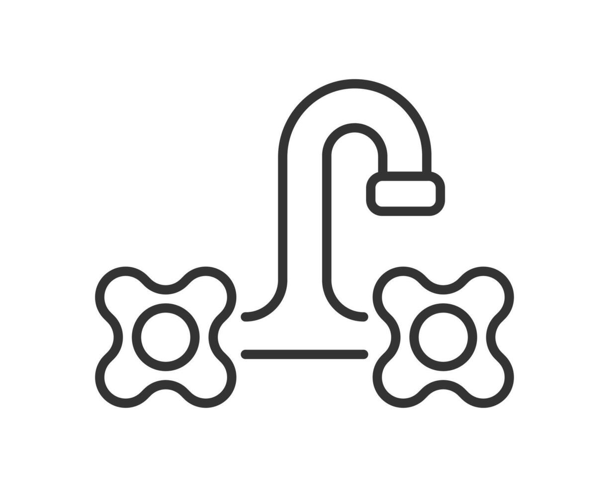 Minimalist line drawing of a faucet with symmetrical handles. Symbolizes plumbing, sanitation, water conservation, or renovation projects. Ideal for design, utility or hygiene related content. vector