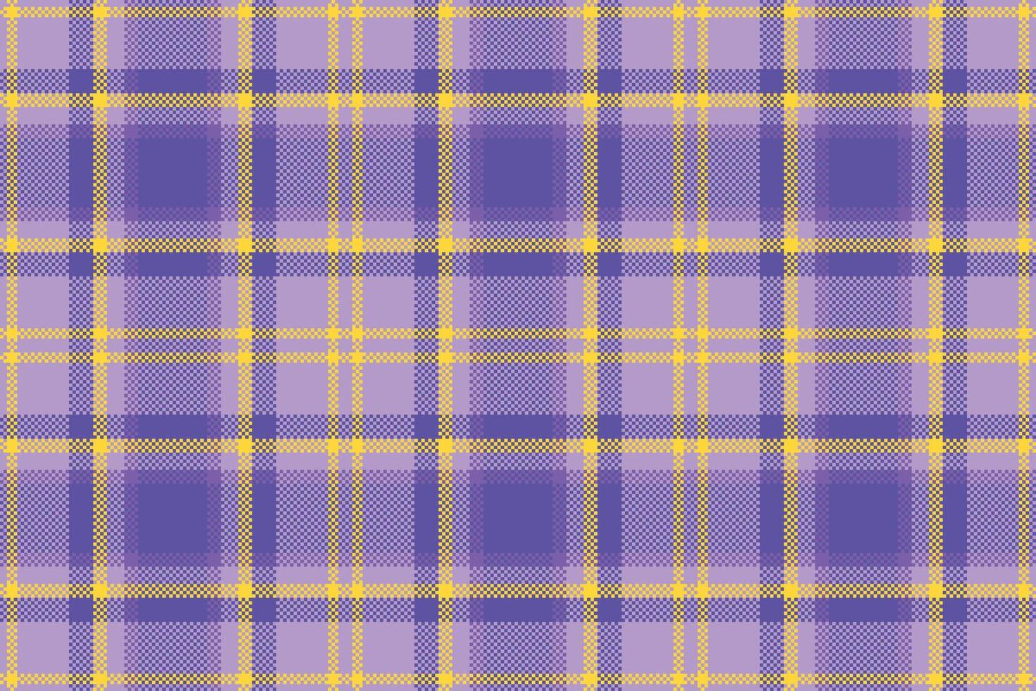 Vibrant pixelated plaid pattern. A retro, seamless fabric texture in lively purples and yellows. Ideal for backgrounds, textiles, or digital design projects. vector