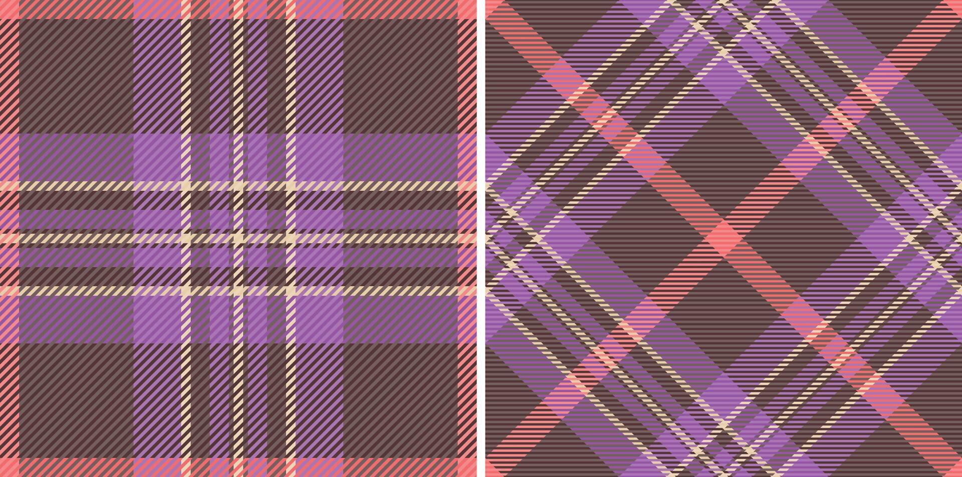 Vibrant purple, coral, and brown plaid patterns. Perfect for textile design, fashion, or web backgrounds. This seamless duo offers classic and modern options, conveying warmth and style. vector