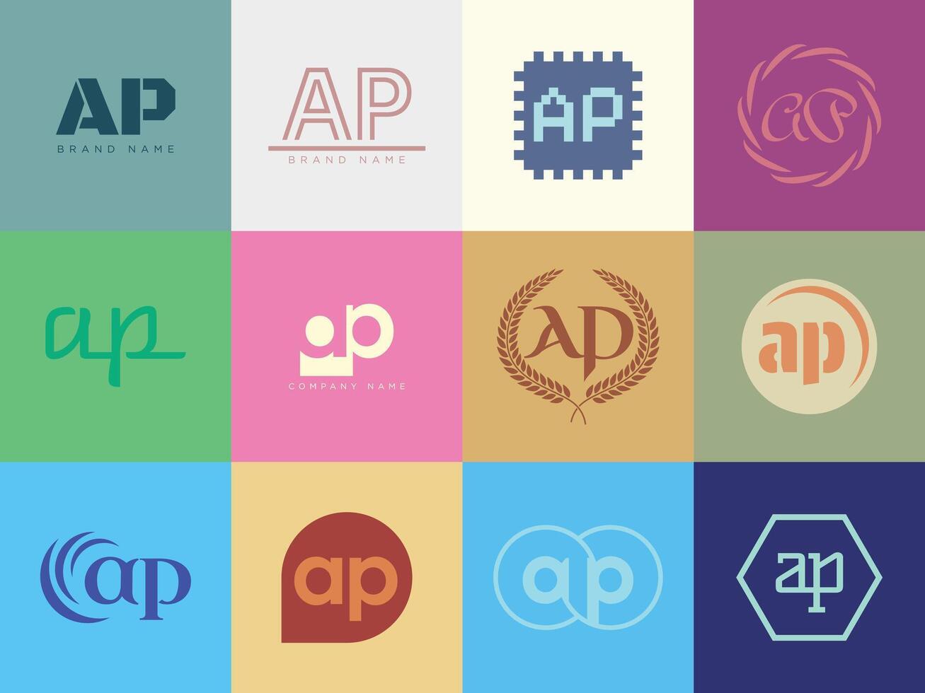AP logo template. Letter a and p logotype. Set different classic serif lettering and modern bold text with design elements. Initial font typography. vector