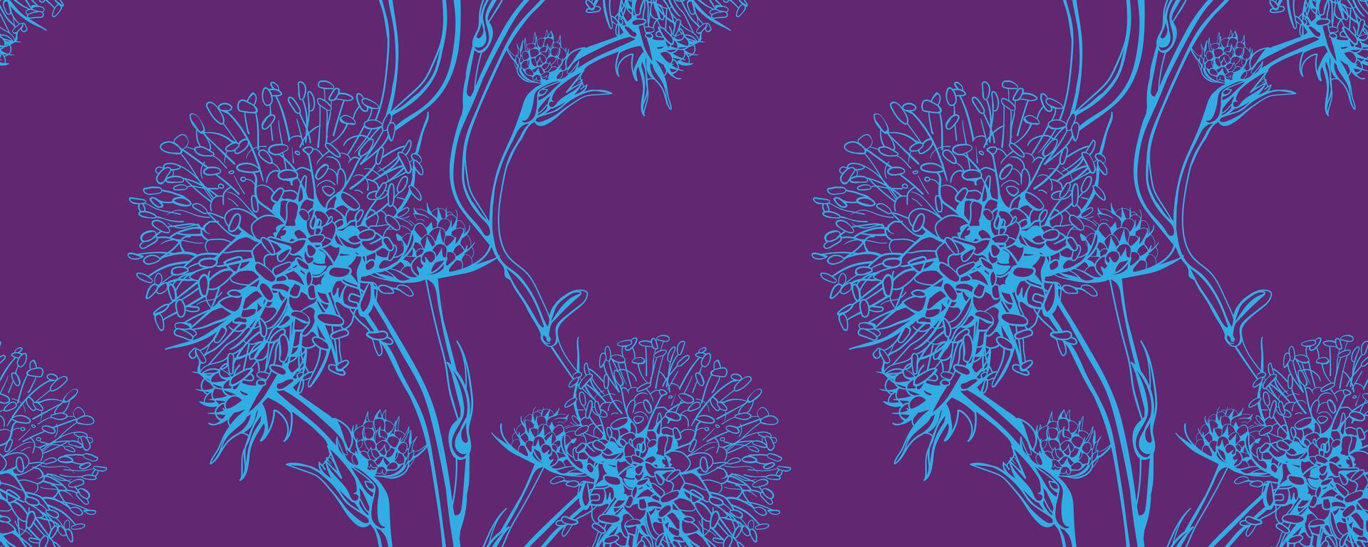 Elegant floral line art pattern. Subtle blue flowers on a deep purple background create a sophisticated and versatile design perfect for textiles, wallpaper, or website backgrounds. vector