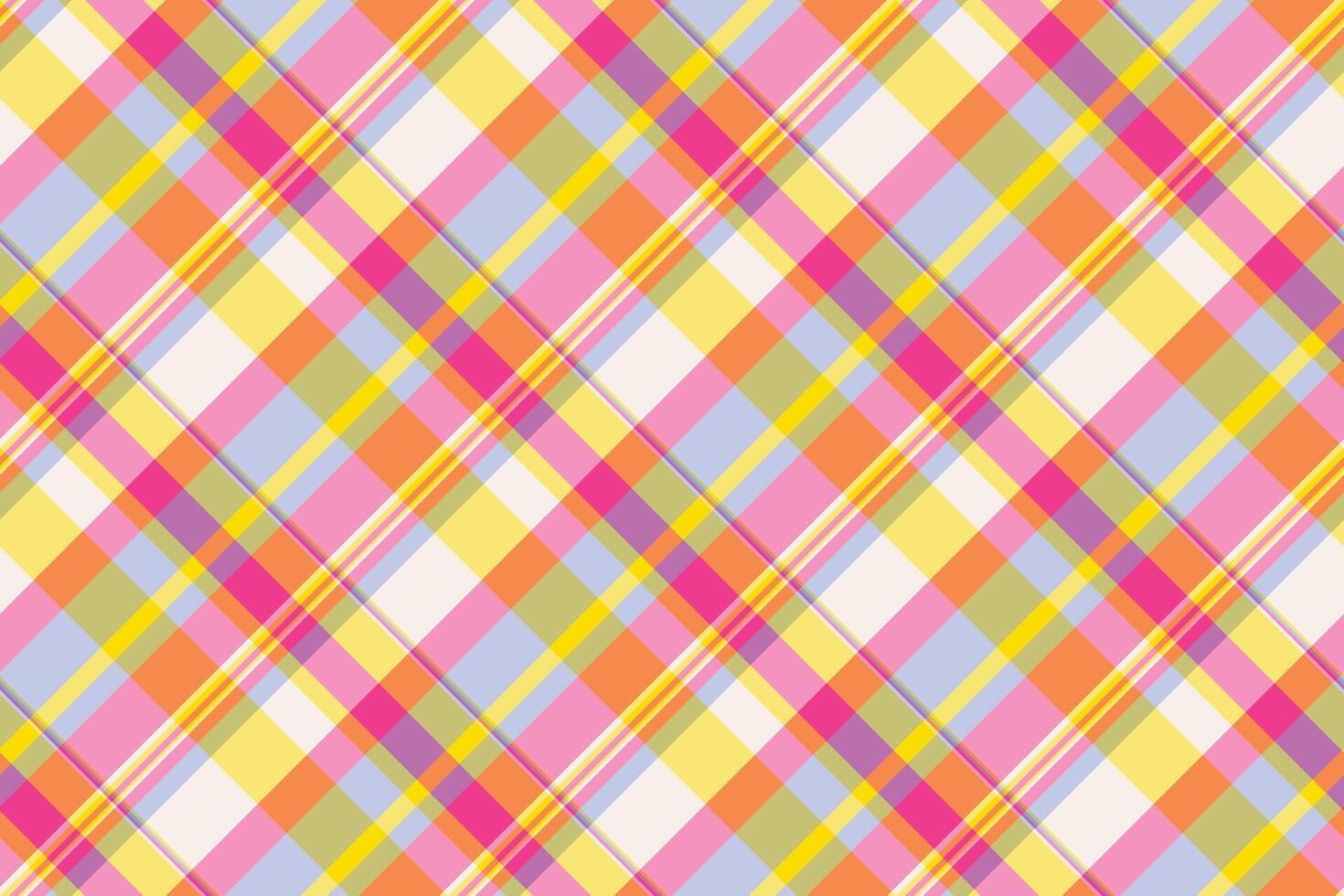 Vibrant diagonal plaid pattern in pastel pink, yellow, orange, and purple. Perfect for textile design, websites, packaging, or crafting projects. vector