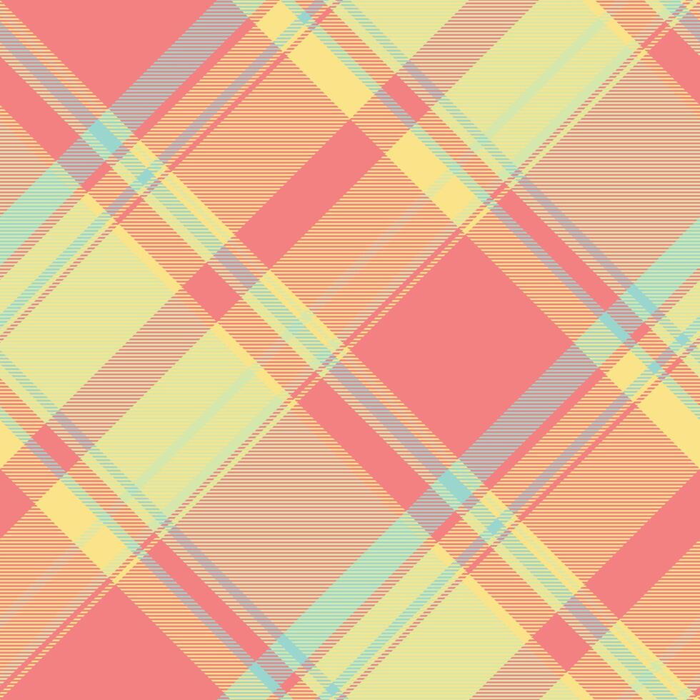Vibrant plaid pattern. A pastel textile design in coral, yellow, and blue. Perfect for backgrounds, fabrics, and retro or vintage themed projects. vector