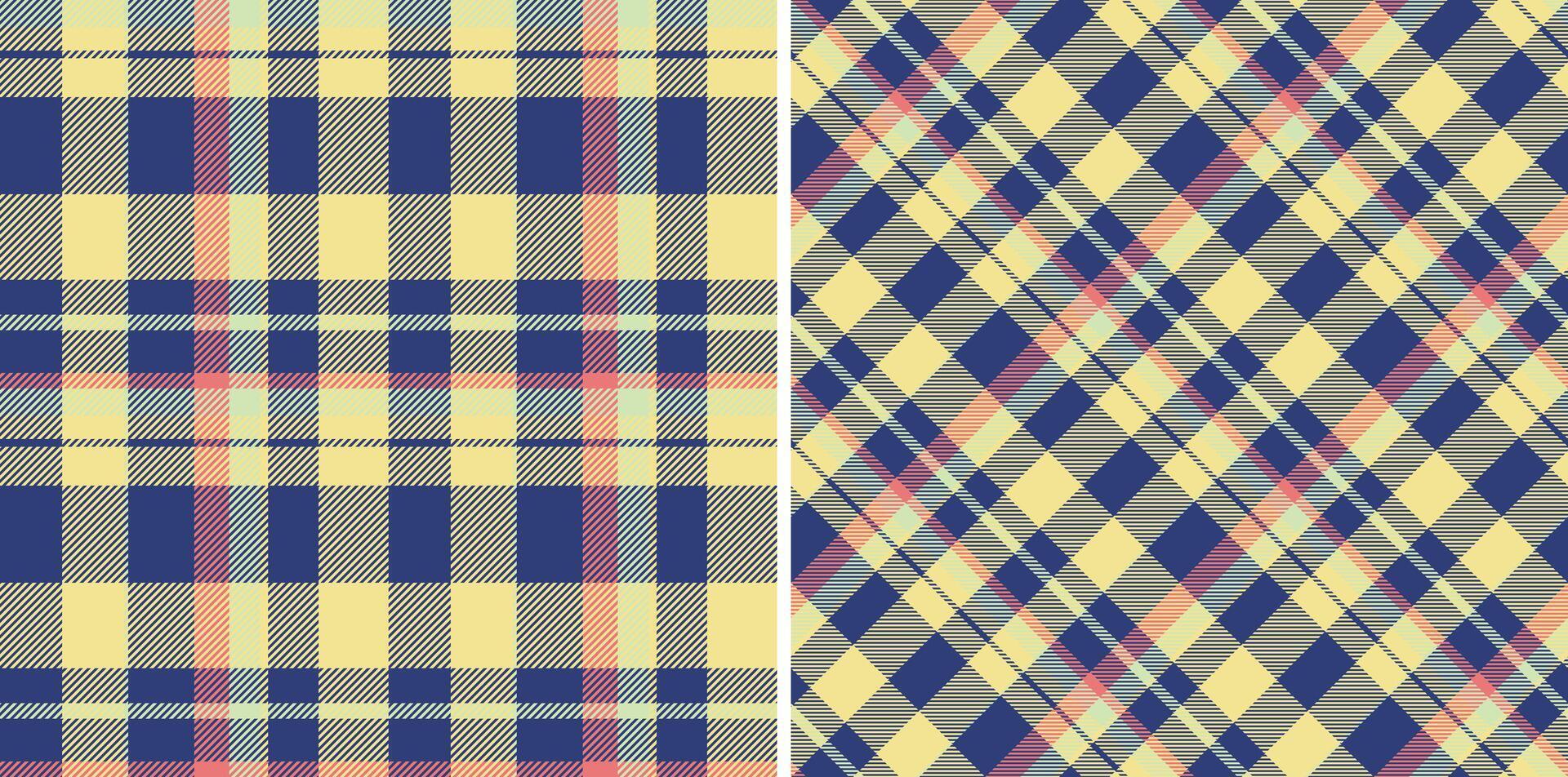 Two stylish plaid patterns in pastel yellow, navy, and coral. Perfect for textile design, website backgrounds, or crafting projects. These versatile patterns evoke feelings of warmth and comfort. vector