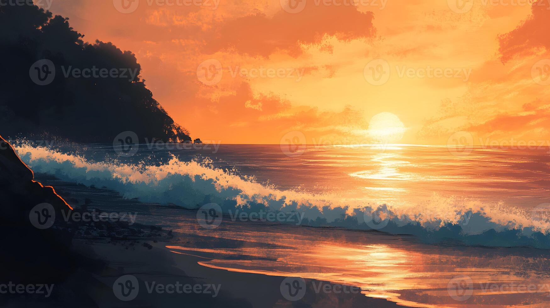 Sunset on the beach with waves crashing into the shore photo