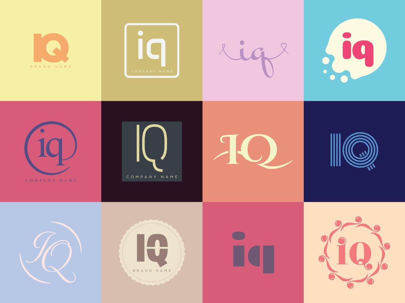 IQ logo company template. Letter i and q logotype. Set different classic serif lettering and modern bold text with design elements. Initial font typography. vector