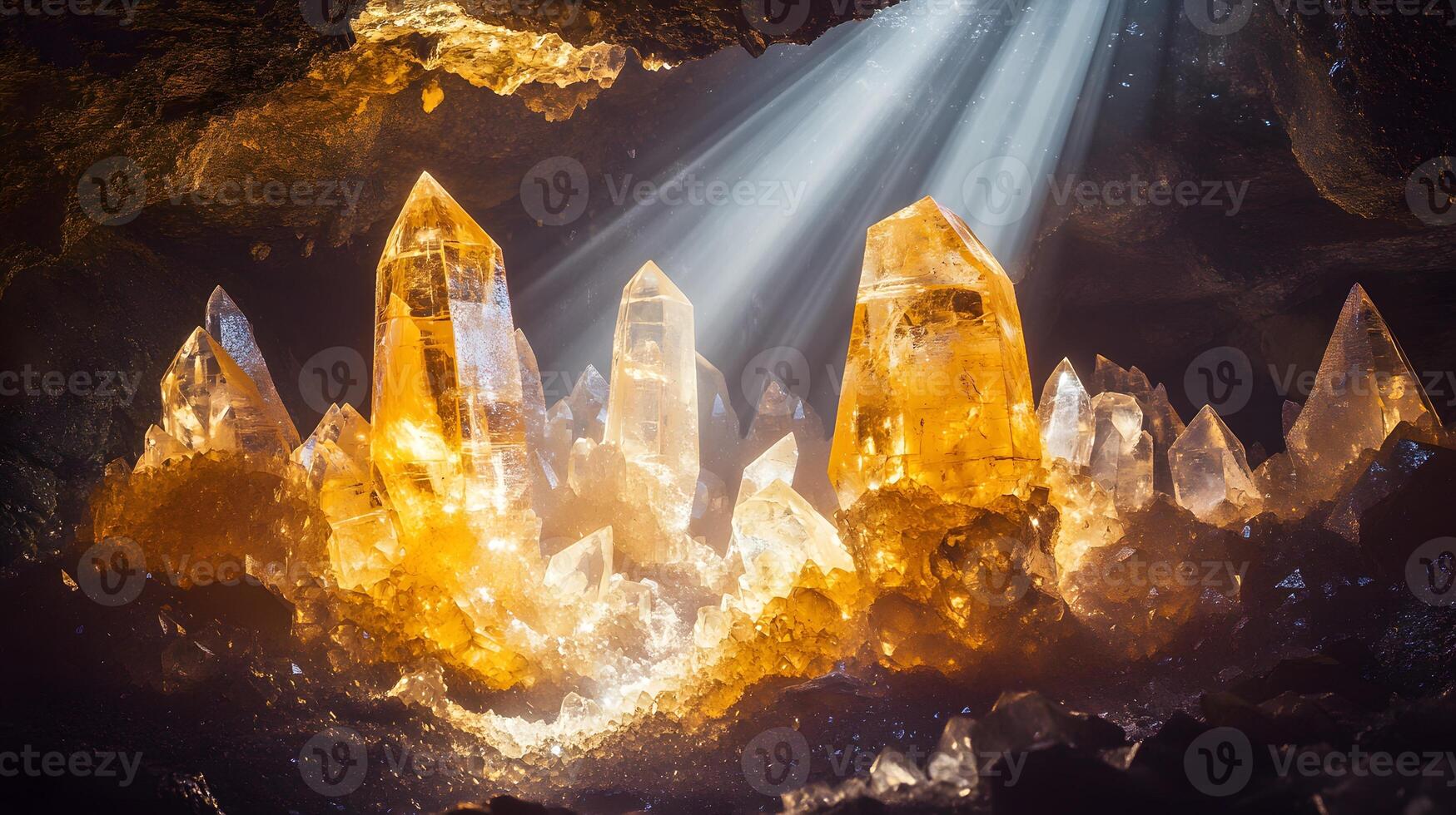 A cave with crystals and sunlight shining through photo