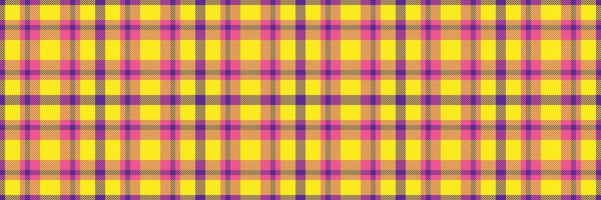 Vibrant yellow, pink, and purple plaid pattern. Perfect for textile design, website backgrounds, or fashion projects. This cheerful, geometric texture evokes feelings of joy and optimism. vector