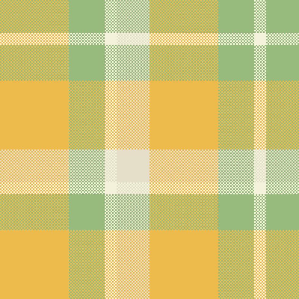 Pixelated plaid pattern in warm, earthy tones. Features soft yellow, green, and cream colors. Ideal for backgrounds, textiles, or digital design projects needing a retro touch. vector