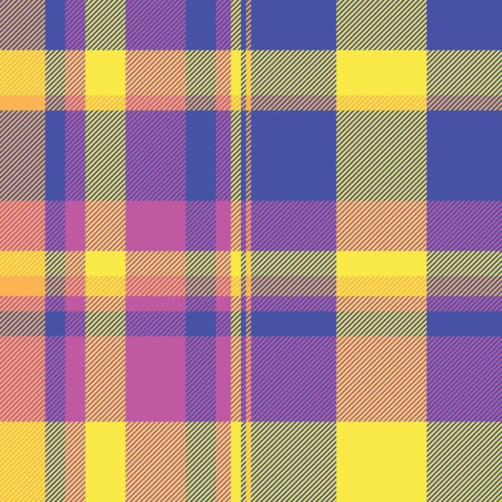 Vibrant plaid pattern in bold pink, purple, yellow blue. Perfect for textile design, fashion, websites, or playful branding. A cheerful, energetic design with a retro feel evokes joy and optimism. vector