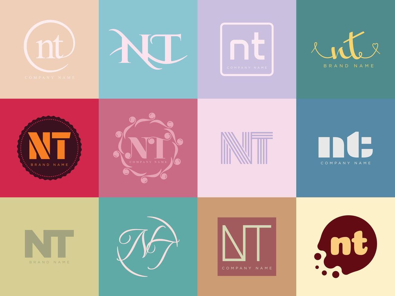 NT logo company template. Letter n and t logotype. Set different classic serif lettering and modern bold text with design elements. Initial font typography. vector