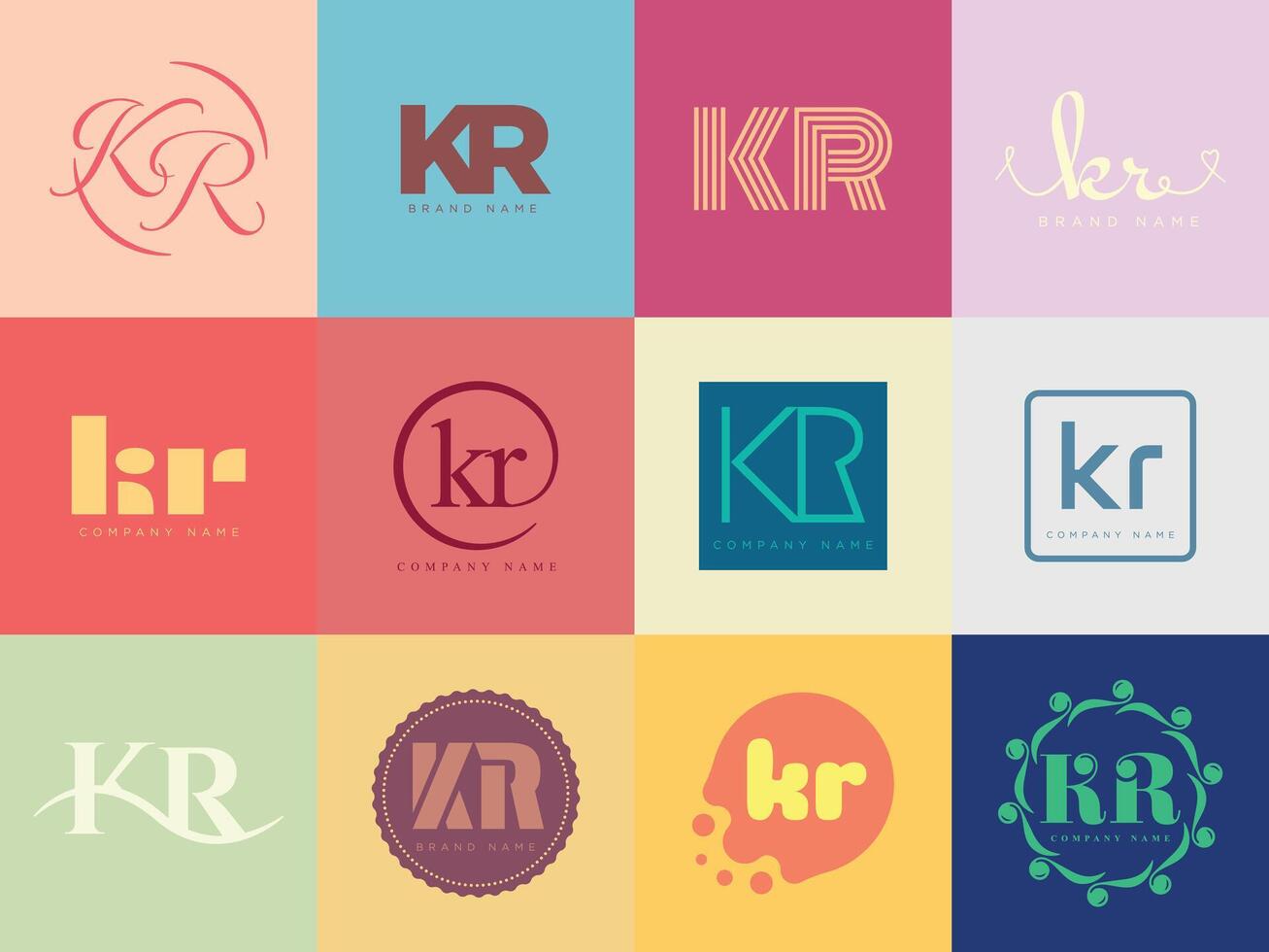 KR logo template. Letter k and r logotype. Set different classic serif lettering and modern bold text with design elements. Initial font typography. vector