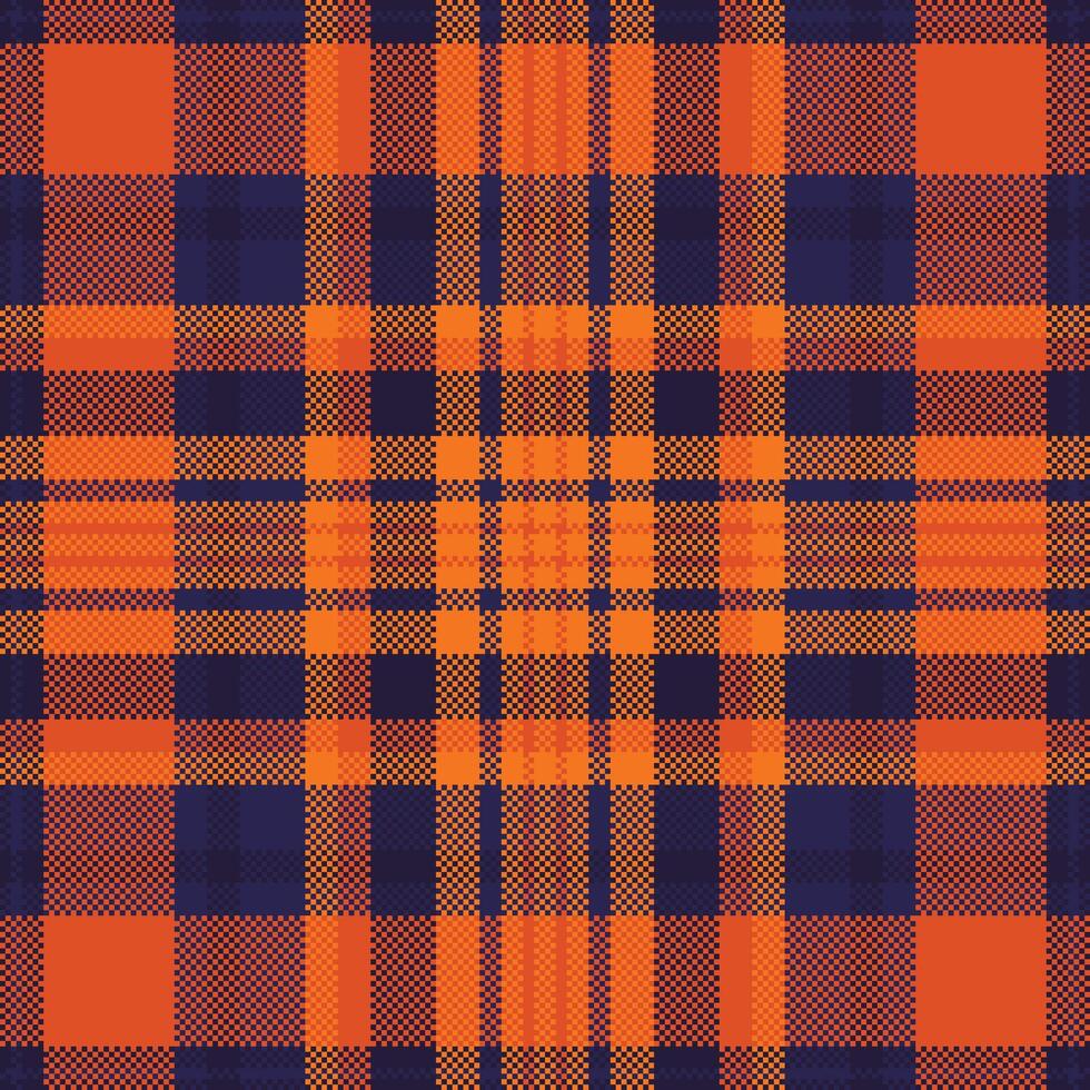 Vibrant pixelated plaid pattern in orange and navy. Retro textile design with a nostalgic feel, perfect for backgrounds, textures, or digital art projects. vector