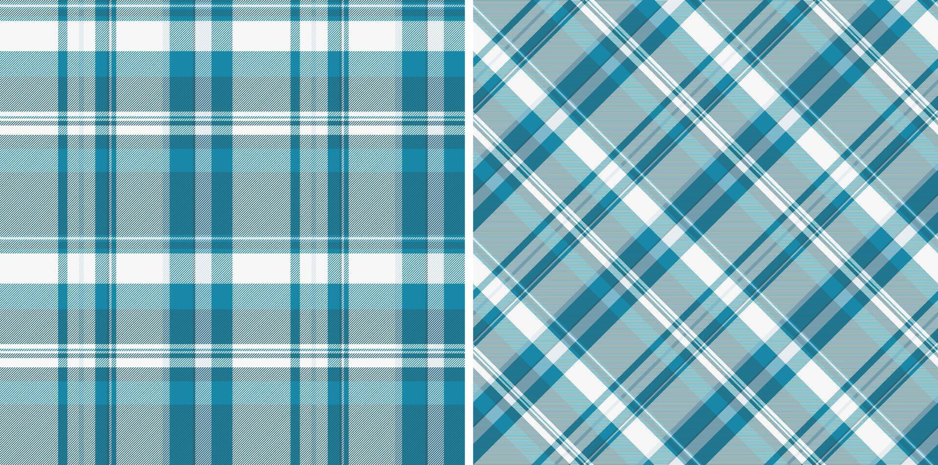 Stylish teal and white plaid patterns, perfect for textile design, fashion, or web backgrounds. Two distinct variations offer versatility a classic vertical plaid and a dynamic diagonal plaid. vector