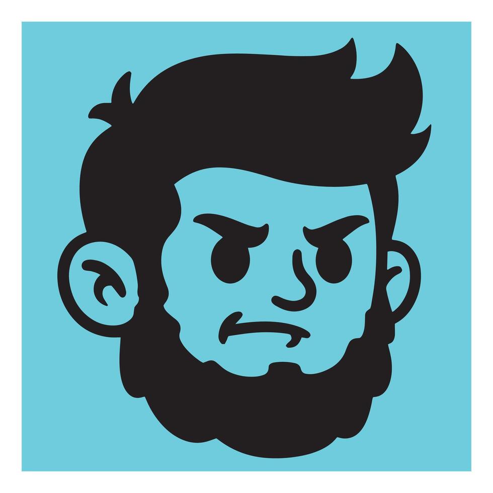 illustration of a stylized man with an angry expression and a full beard in cyan and black. vector