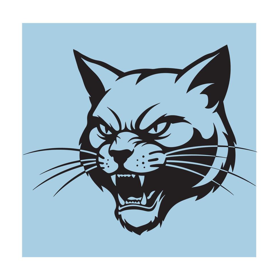Black and white angry cat head illustration with open mouth on a light blue background vector