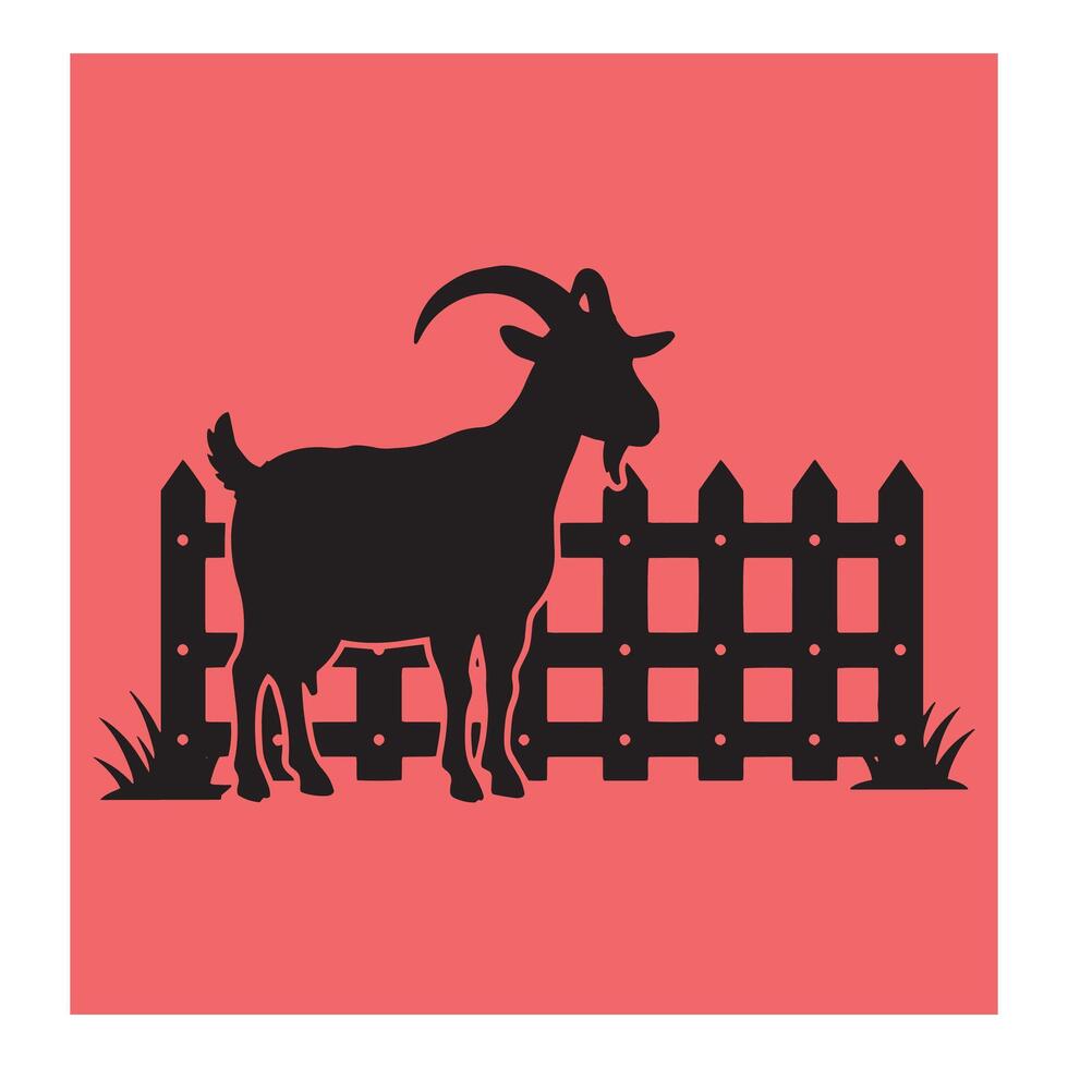 Silhouette of a black goat standing beside a wooden picket fence on a red background vector