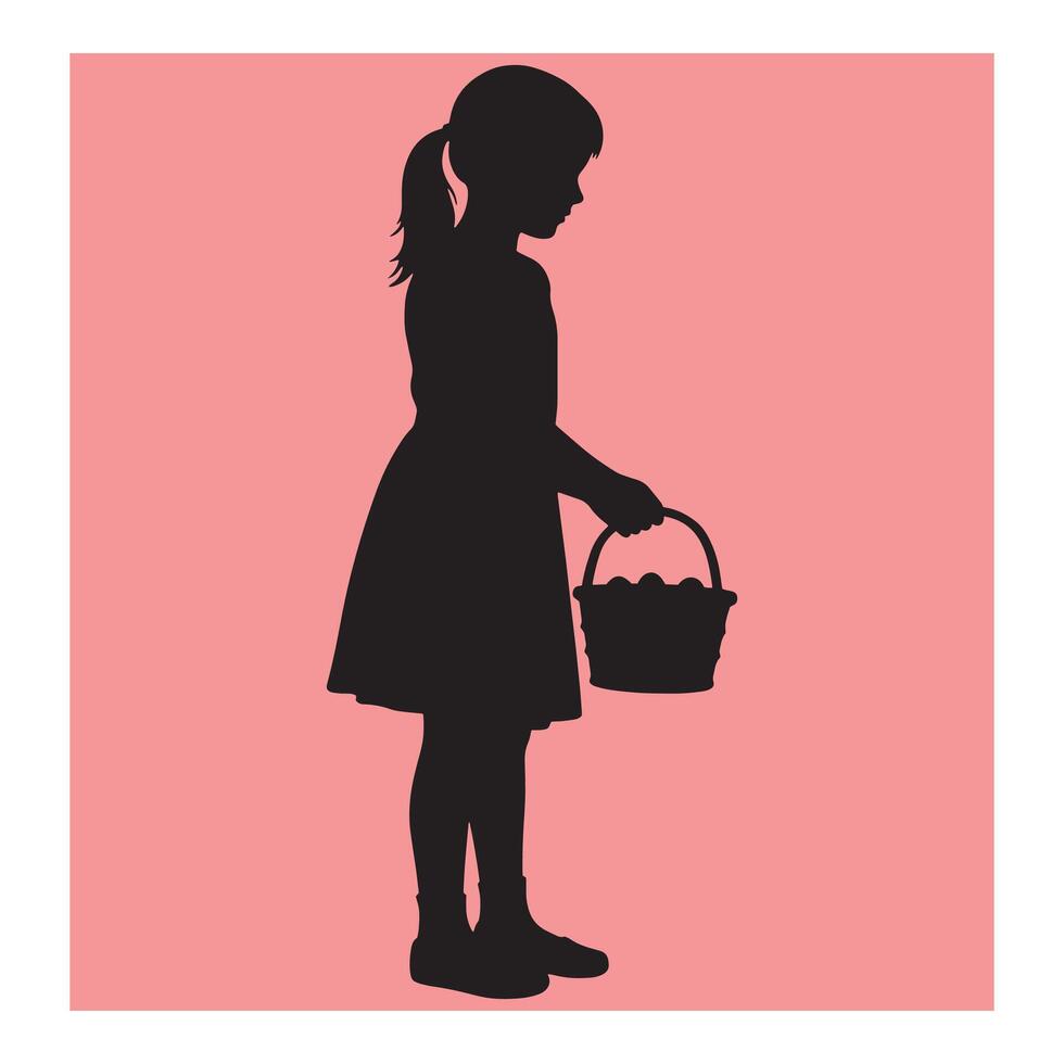 Silhouette of a young girl with a basket standing on a pink background simple design vector