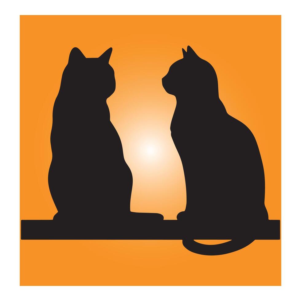 Two black cats silhouetted against orange background for halloween or pet-themed designs vector