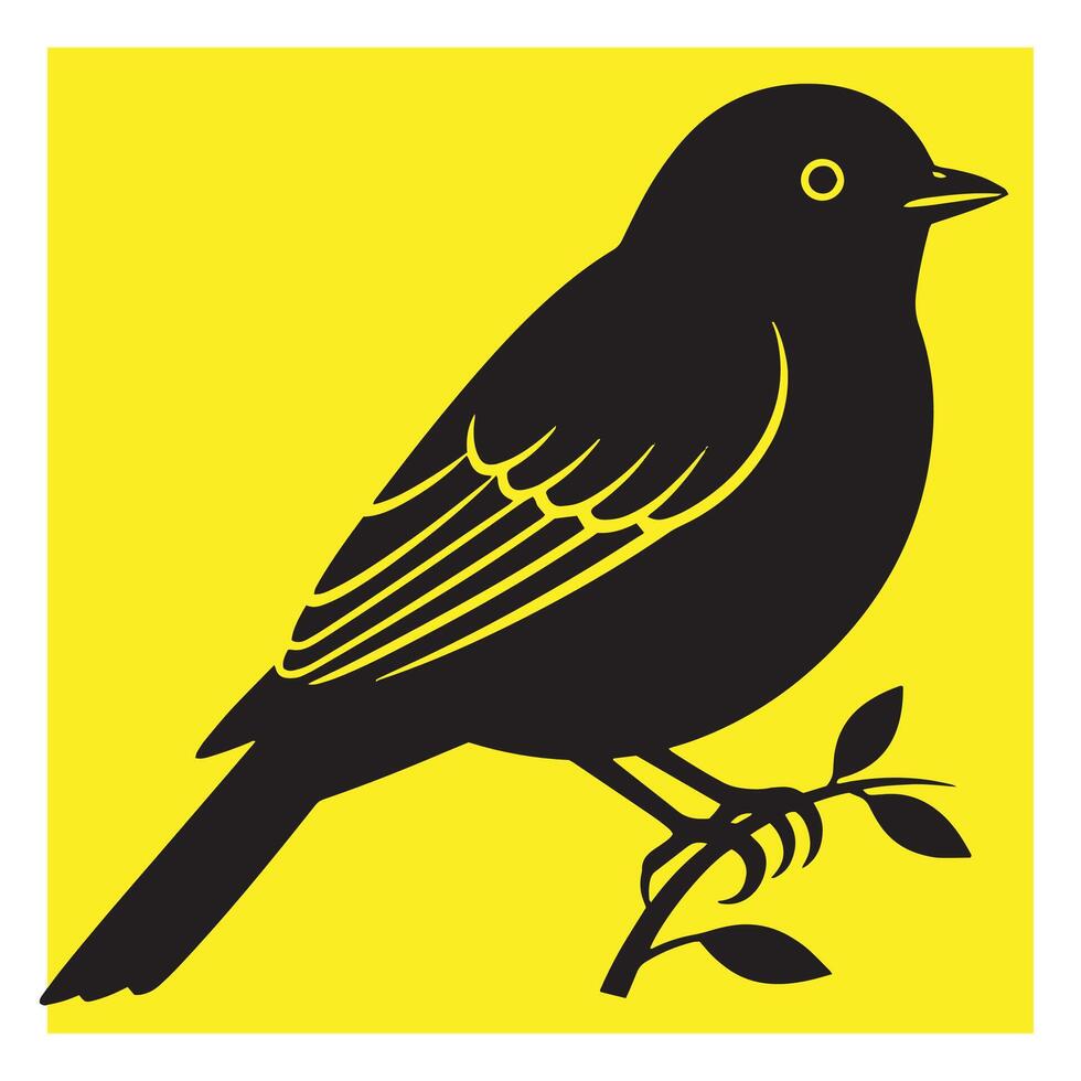 Silhouette of a black bird perched on a branch against a bright yellow background vector