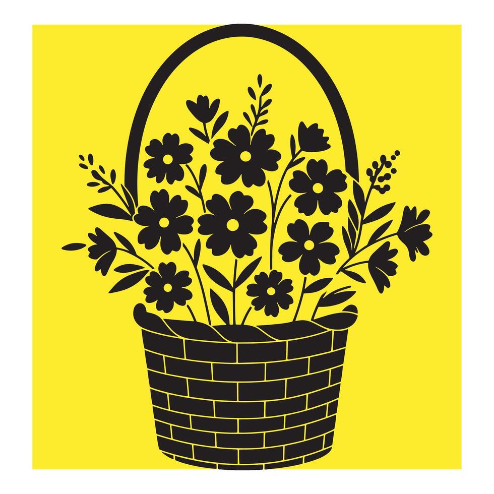 Black and white floral illustration of a wicker basket overflowing with decorative flowers on yellow vector