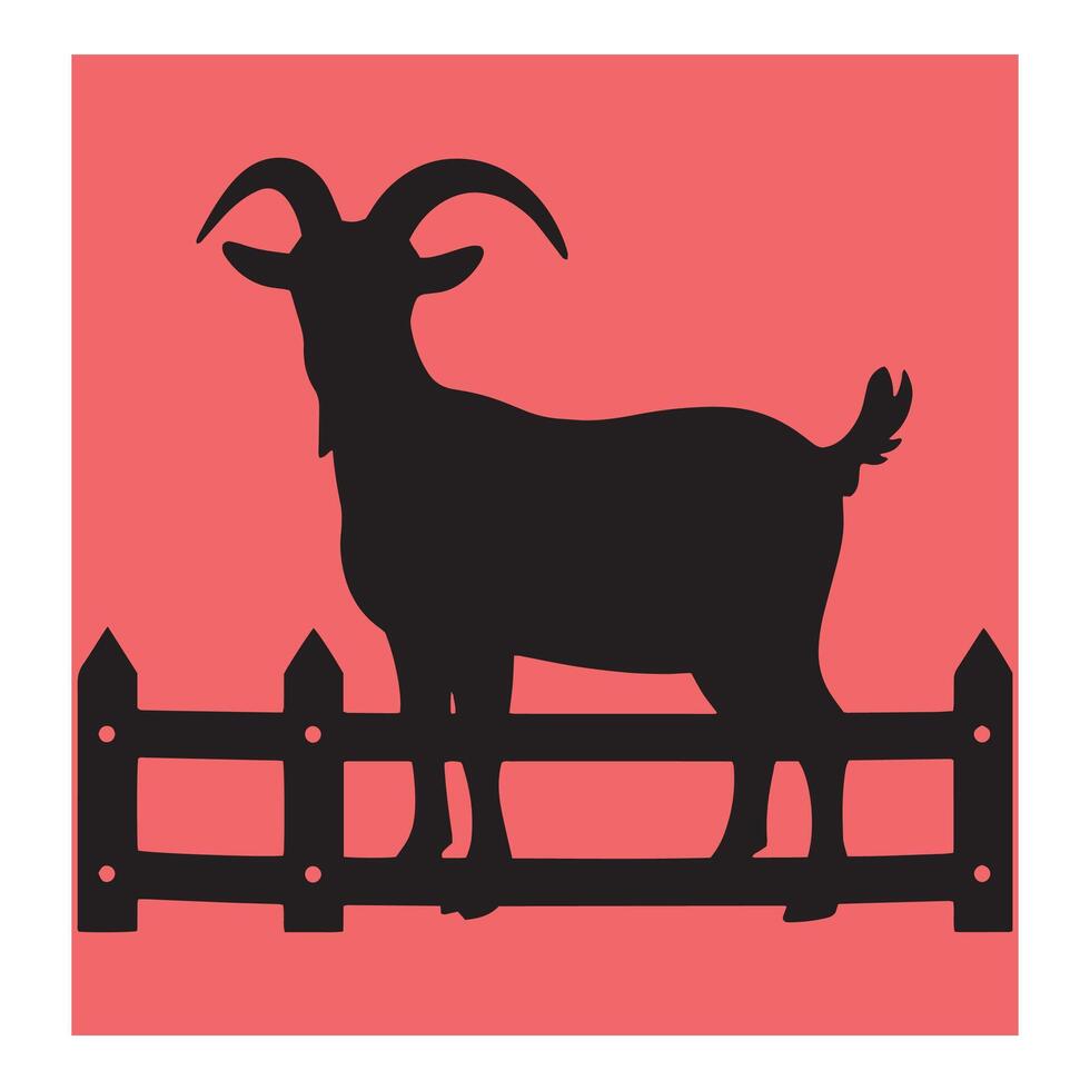 Silhouette of a goat standing behind a rustic fence on a red background vector