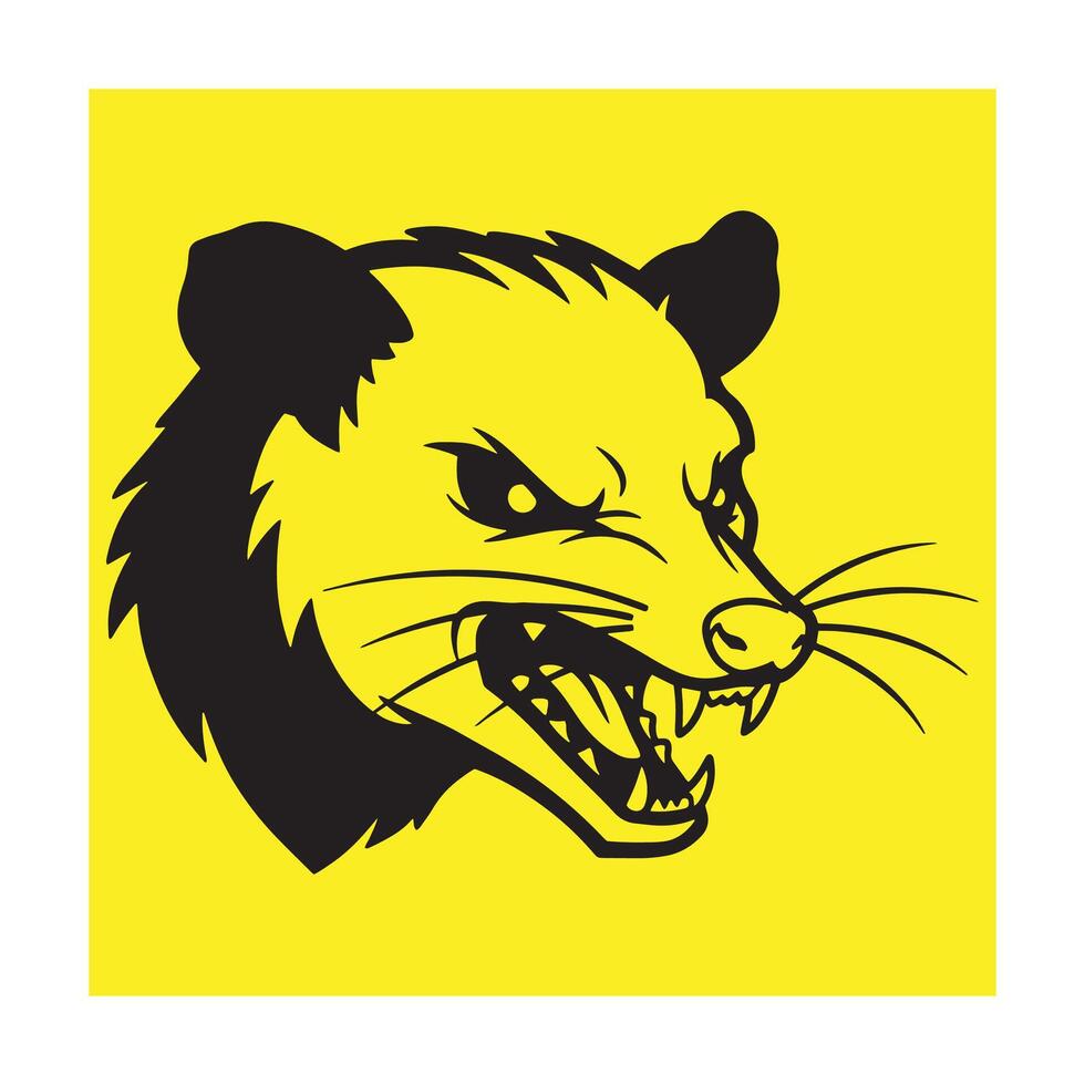 illustration of a fierce opossum head in black and yellow color scheme vector