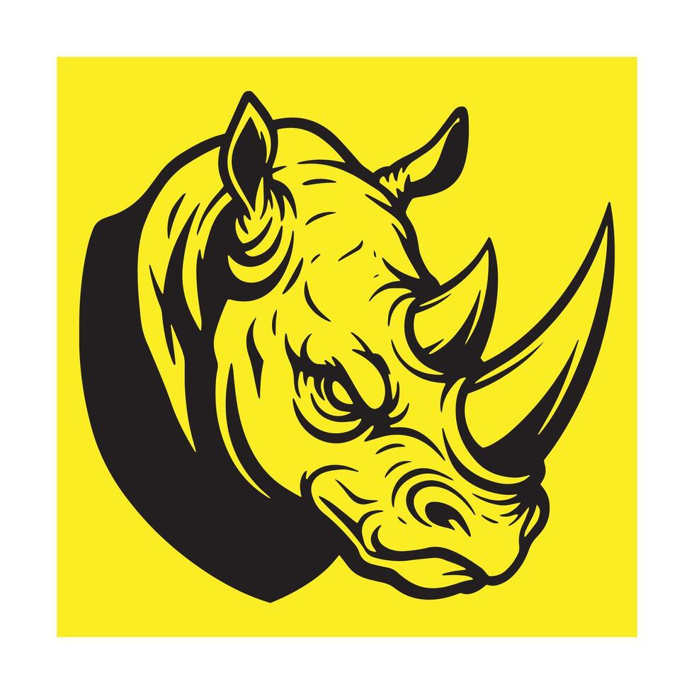 Bold black and yellow illustration of a powerful rhino head for logos and designs vector