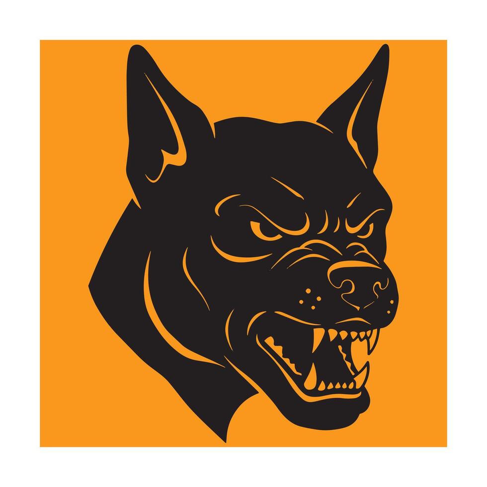 Silhouette of an angry dog head with sharp teeth on an orange background vector