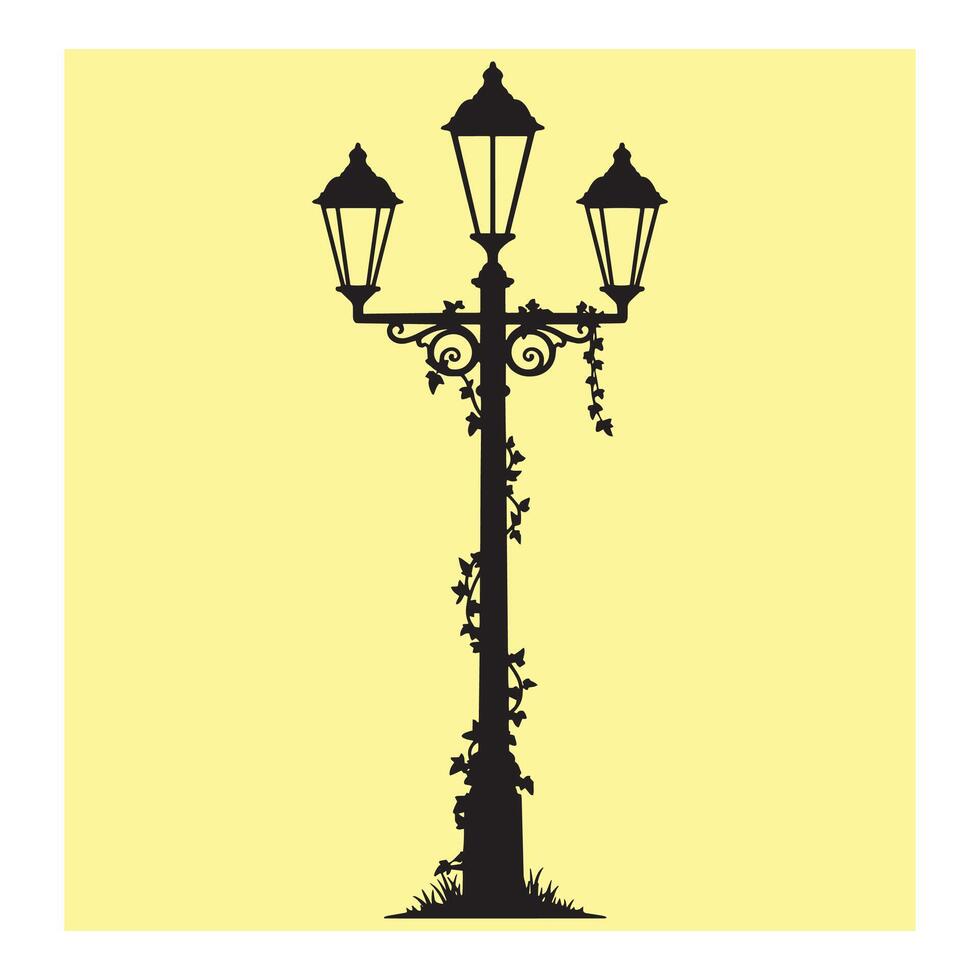 Elegant black silhouette of a three-lamp street light with ivy vines on a pastel background vector